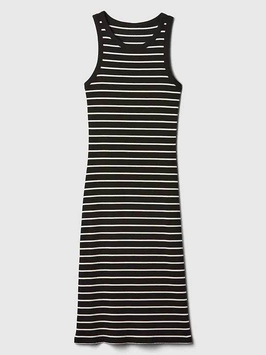 Gap Striped Ribbed Midi Tank Dress L Black White Stretch Coastal Minimalist
